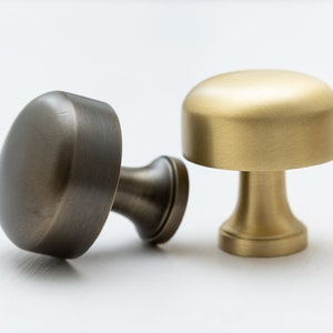 May include: Two cabinet knobs, one in a brushed brass finish and one in an antique brass finish. Both knobs have a round top and a cylindrical base.