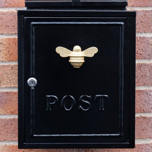 Brass bee Wall Mounted Post Box Mail Box with Bee Design Black and Gold Lockable Post Box with 2 Sets of Keys Brass bee image 3