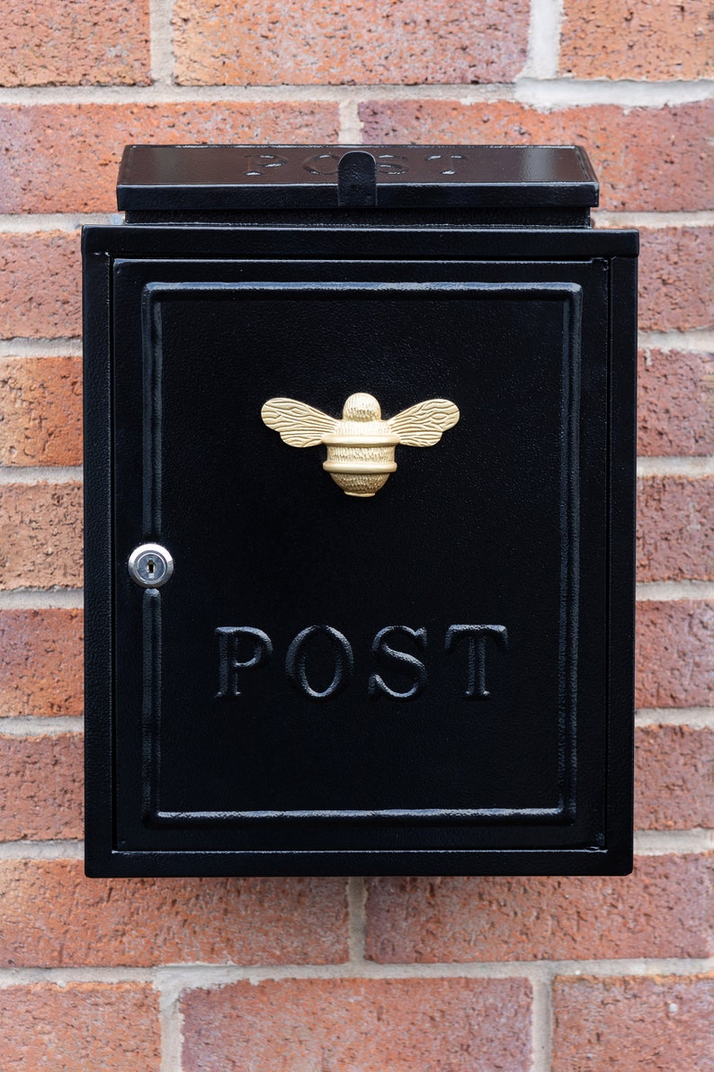 Brass bee Wall Mounted Post Box Mail Box with Bee Design Black and Gold Lockable Post Box with 2 Sets of Keys Brass bee image 3