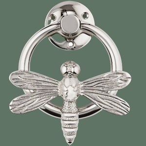 Dragonfly Ring Door Knocker for front door | Polished Solid Brass Knockers Strike Plate | UPVC | Dragonfly Front Door Furniture Brass bee