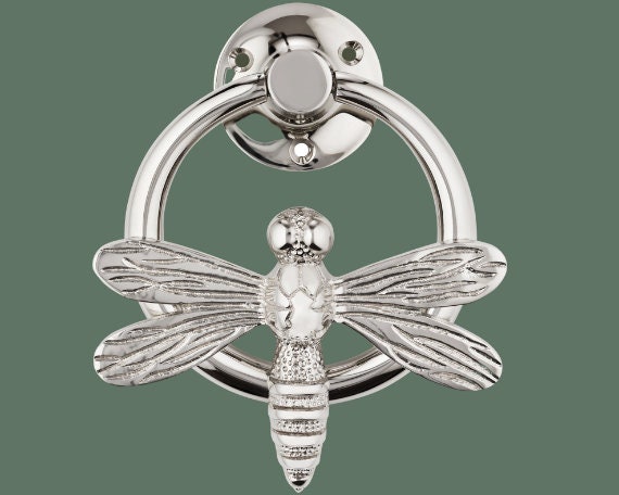 Dragonfly Ring Door Knocker for front door | Polished Solid Brass Knockers Strike Plate | UPVC | Dragonfly Front Door Furniture Brass bee