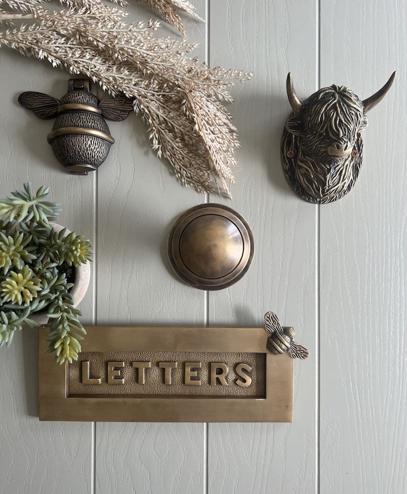 May include: A collection of bronze-toned door hardware and decor. Includes a bee-shaped door knocker, a Highland cow head, a round doorbell, and a rectangular letterbox with the word "LETTERS". Decorative dried grasses and a potted succulent are also present.