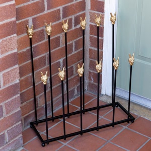 Brass bee Welly Stand Black Iron Garden Storage boot rack Welly Multipurpose Boot Rack Wellingtons Shoe Rack with hares image 5