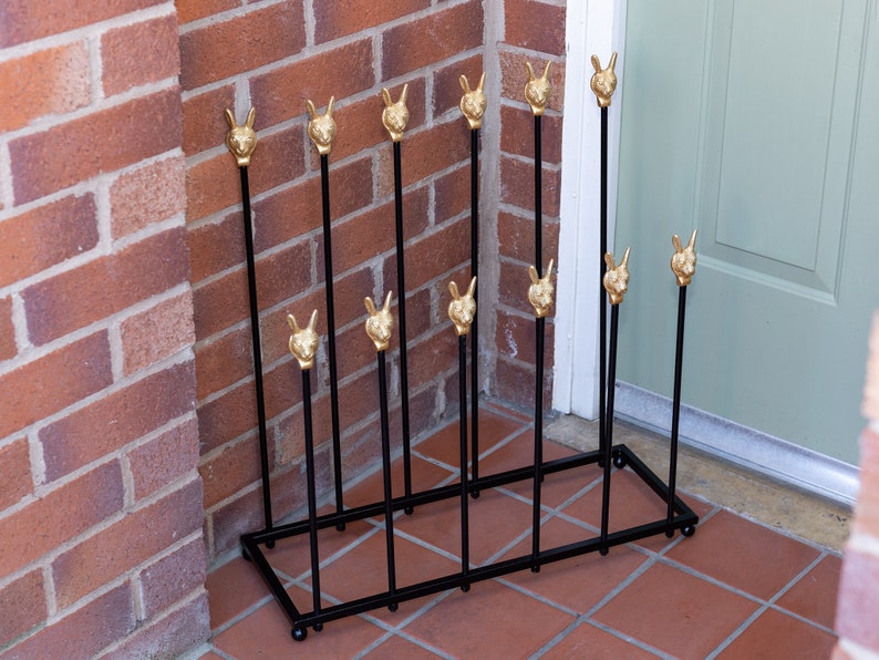 Brass bee Welly Stand Black Iron Garden Storage boot rack Welly Multipurpose Boot Rack Wellingtons Shoe Rack with hares image 5