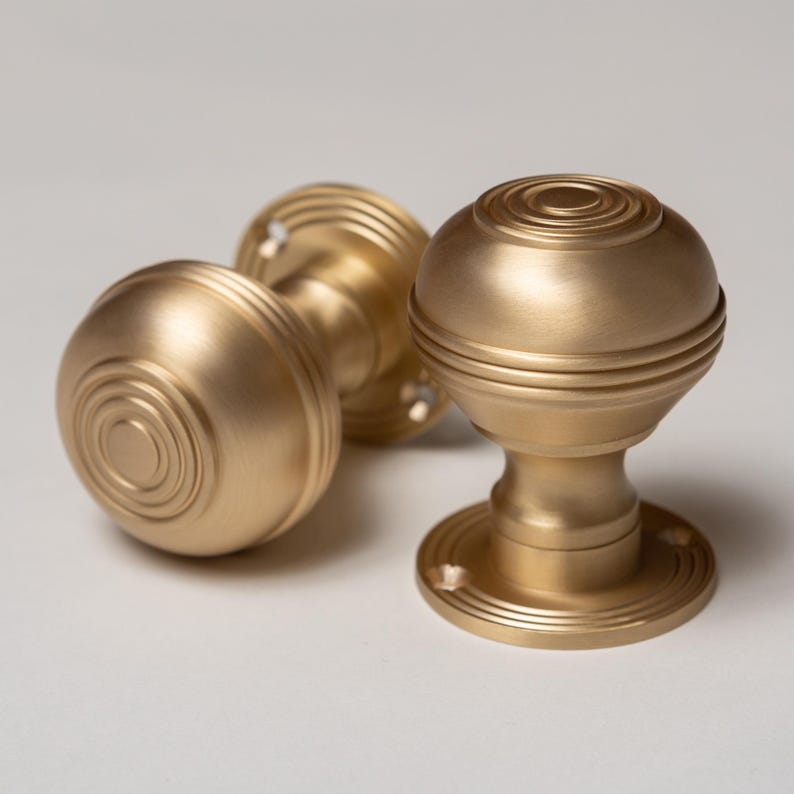 Set of 2 Solid Brass Door Knobs - Ringed Satin Brass | Brass and Mortice Rim Lock Handles | Sold as Pair Brass Door Knobs Brass bee