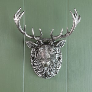 Highland Stag Door Knocker for front door | Polished Solid Brass Knockers Strike Plate | Composite | Front Door Furniture Brass bee