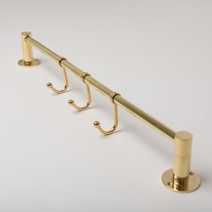 Solid Brass Kitchen Hook Rail | Utensil Hanging Rail | Wardrobe Clothing Rail | Heavy Duty Rail with 3 Hooks | Bathroom Towel Rail