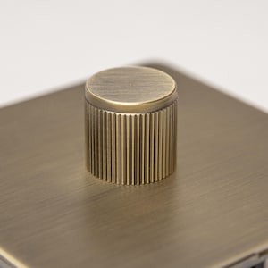 May include: A close-up of a brushed brass light switch with a round, ribbed knob.