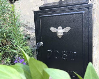 Brass bee Wall Mounted Post Box | Mail Box with Bee Design | Black and Gold Lockable Post Box with 2 Sets of Keys- Brass bee