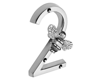 Brass bee House Number Sign 4 inch (10 cm) Modern Door Numbers Signage Plaque Street Home Address Numerals, Nickel/Chrome Finish