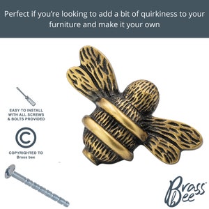 May include: Gold-toned bee-shaped cabinet knob with a textured finish. The knob has two gold bands around the middle. The knob is attached to a silver screw.