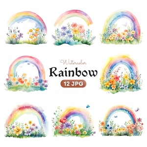 Clipart arc-en-ciel aquarelle, clipart baby shower, 12 JPG haute qualité, art pour chambre d'enfant, fabrication de cartes, créations numériques en papier, téléchargement numérique