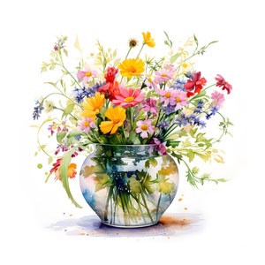 Vase mit Blumen Clipart, Aquarell wilde Blumen, 15 hochwertige JPG, Kartenherstellung, digitales Papierhandwerk, digitaler Download-kommerzielle Nutzung