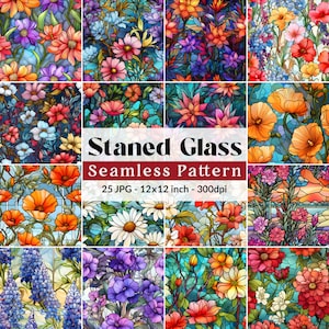 Modèles sans couture de vitrail de fleurs sauvages | 25 fichiers JPG de haute qualité | Papier numérique pour vitrail | Téléchargement numérique - Utilisation commerciale