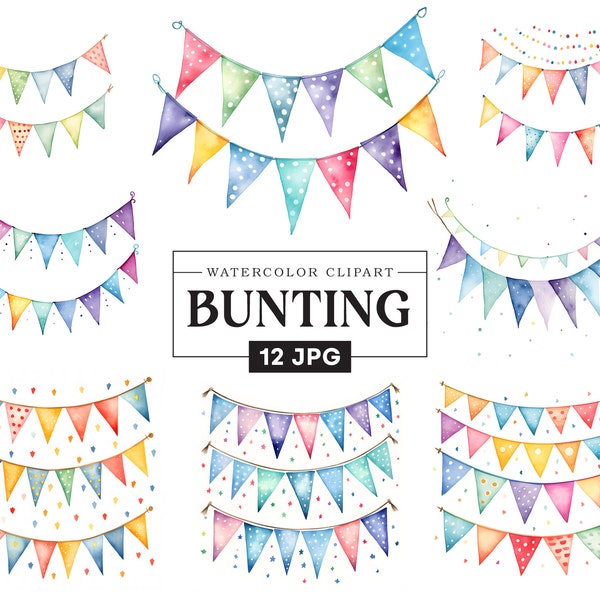 Watercolor Bunting Clipart, Bunting Banners, 12 High-Quality JPG, Planner Supplies, Digital Download-Commercial Use