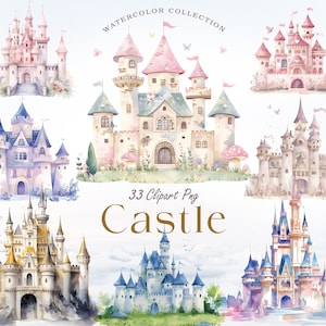 Aquarell Prinzessin Schloss Clipart, 33 Märchenschloss PNG, Prinzessin Geburtstag Schloss, Schloss Clipart, digitaler Download - kommerzielle Nutzung