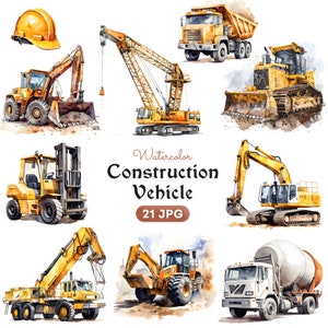 Clipart véhicule de construction aquarelle, décoration de fête d'anniversaire pour enfant, thèmes chambre d'enfant, scrapbooking, téléchargement numérique - usage commercial