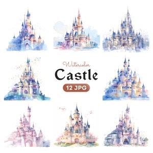 Aquarell Helles Schloss Clipart, Märchenschloss Clipart, Prinzessin Geburtstag Schloss, hochwertiger JPG, digitaler Download - kommerzielle Nutzung