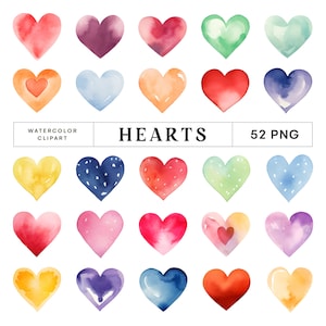 Clipart a cuore dell’acquerello, PNG a 52 cuori, decorazioni per matrimoni, baby shower, creazione di cartoline, download digitale