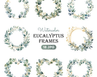 Eucalyptus Wreath Clipart, Watercolor Eucalyptus Leaves Frame, Wedding Invitation Wreath, High Quality JPG, Digital Download