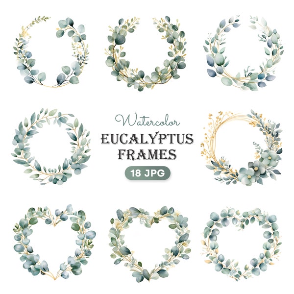 Eucalyptus Wreath Clipart, Watercolor Eucalyptus Leaves Frame, Wedding Invitation Wreath, High Quality JPG, Digital Download