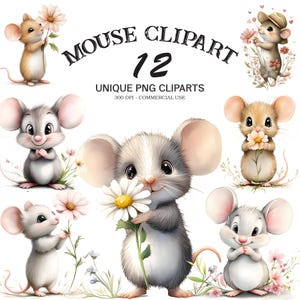 Souris mignonne avec des fleurs des cliparts, 12 souris PNG, clipart souris imprimable, animaux de la forêt, téléchargement numérique - usage commercial