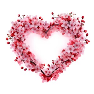 Clipart ghirlanda cuore fiori di ciliegio, corona di fiori di ciliegio acquerello, 12 JPG di alta qualità, creazione di carte, supporti misti, download digitale