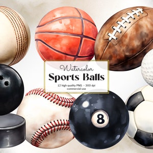Clipart de esportes em aquarela, clipart de bola esportiva, futebol, beisebol, basquete, futebol, tênis, equipamentos esportivos PNG, download digital