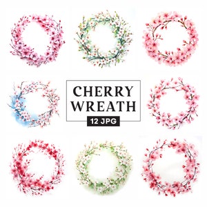 Clipart aquarelle fleurs de cerisier, couronne de fleurs de Sakura, cadre circulaire JPG, baby shower, fabrication de cartes, faire-part, téléchargement numérique