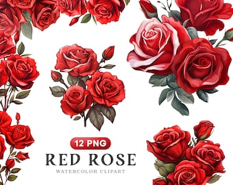 Red Rose Floral Clipart, Rose Flowers Clipart, Watercolor Roses Bouquets, Roses Clipart, Roses PNG, Wedding Clipart, Digital Download