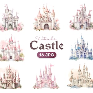 Imágenes prediseñadas de castillo blanco en acuarela, imágenes prediseñadas de castillo de cuento de hadas, castillo de cumpleaños de princesa, JPG de alta calidad, descarga digital - Uso comercial