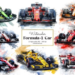 Formel 1 Rennwagen Clipart, Aquarell Auto Clipart, 12 hochwertige JPG, F1 Rennwagen, digitaler Download - kommerzielle Nutzung