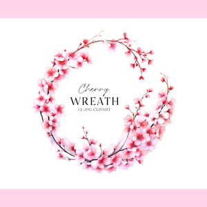 Watercolor Cherry Blossom Wreath, Sakura Flower Clipart, 12 High Quality JPG, Baby Shower, Card Making, Mixed Media, Digital Download