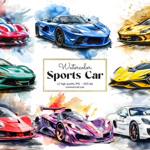 Sport Rennwagen Clipart, Aquarell Sportwagen Clipart, 12 hochwertige JPG, Mischtechnik, digitaler Download - kommerzielle Nutzung