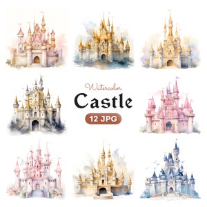 Clipart de castelo em aquarela, castelo de princesa de conto de fadas JPG, castelo de aniversário de princesa, clipart de castelo, download digital - uso comercial