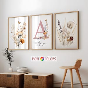 Custom Wildflower Nursery Prints, Floral Wall Art, Boho Baby Girl Nursery Wall Art, Personalised Name Sign Initial