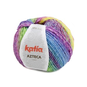 May include: A skein of Katia Azteca yarn in a multi-colored ombre pattern. The yarn is a blend of acrylic and wool and is 100 grams (3.5 oz) and 180 meters (197 yds).