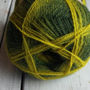 May include: A ball of green and yellow yarn with a variegated pattern. The yarn is wound into a ball shape and is ready for knitting or crocheting.