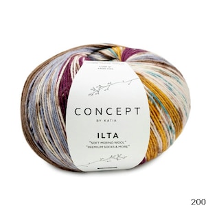 Pode incluir: Uma bola de fio multicolorido com listras marrons, brancas, amarelas, azuis e roxas. O fio é etiquetado "CONCEPT by KATIA ILTA "SOFT MERINO WOOL" "PREMIUM SOCKS & MORE" 3500 gr +400 m".