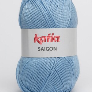 May include: A ball of light blue Katia Saigon yarn. The yarn is 100% cotton and is suitable for knitting and crocheting.