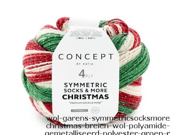 Könnte beinhalten: Ein Knäuel Concept by Katia 4-ply Symmetric Socks & More Christmas Garn mit einem festlichen rot-grün-weißen Streifenmuster und dezentem Metallic-Glanz. Das weiße Papieretikett zeigt den Produktnamen und ein Gewicht von 80 Gramm.