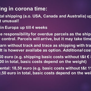 May include: A purple text document with a white background. The text reads "OBS! Shipping in corona time:" followed by a list of shipping information and costs. The document lists shipping times for intercontinental and European shipping, as well as the cost of shipping with and without tracking.
