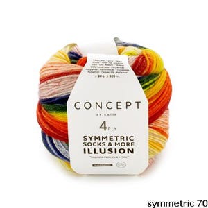 Pode incluir: Uma bola de lã multicolorida com uma etiqueta branca. A lã é uma mistura de vermelho, laranja, amarelo, verde, azul e rosa. A etiqueta diz "CONCEPT BY KATIA 4 PLY SYMMETRIC SOCKS & MORE ILLUSION". A bola pesa 80g e tem 320m de fio.