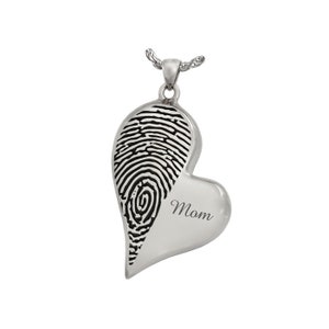 Half Fingerprint Teardrop Heart Urn Necklace | Sterling Silver or Stainless Steel Cremation Ash Jewelry | Memorial Pendant