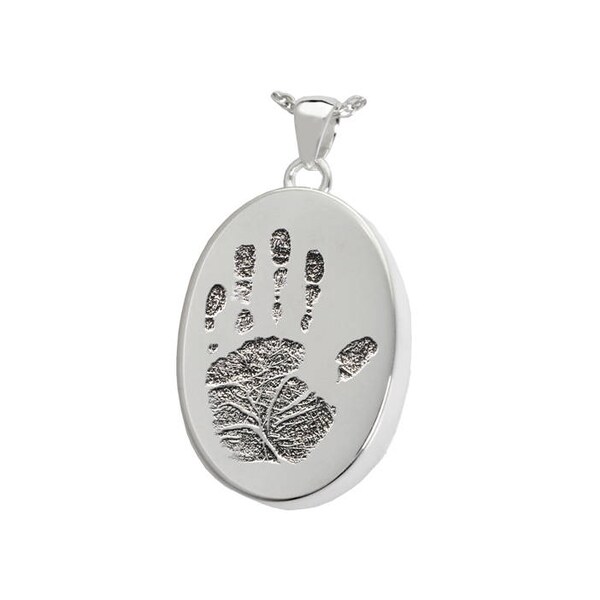 Actual Handprint Oval Urn Necklace | Cremation Ash Sterling Silver or Stainless Steel Remembrance Jewelry | Memorial Charm Pendant