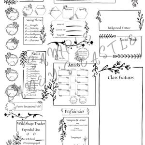 Op de afbeelding: Een zwart-wit karakterblad voor een rollenspel, met secties voor karakterdetails, vaardigheden en aanvallen. Het ontwerp bevat bloemenranden en titels zoals 'Klasse & Niveau' en 'Vaardigheden'.