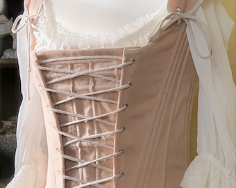 18th century beige linen corset with lace up front and back, Georgian period, Louis XVI, Marie Antoinette, Outlander