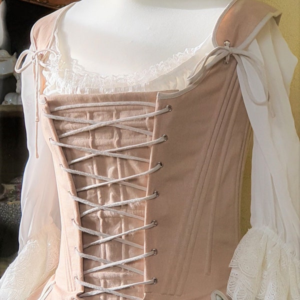 18th century beige linen corset with lace up front and back, Georgian period, Louis XVI, Marie Antoinette, Outlander
