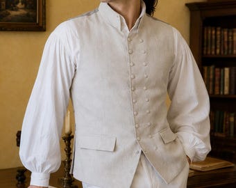 A historically inspired 18th-century waistcoat crafted from an exclusive silk-cotton fabric for living history and reenactment.