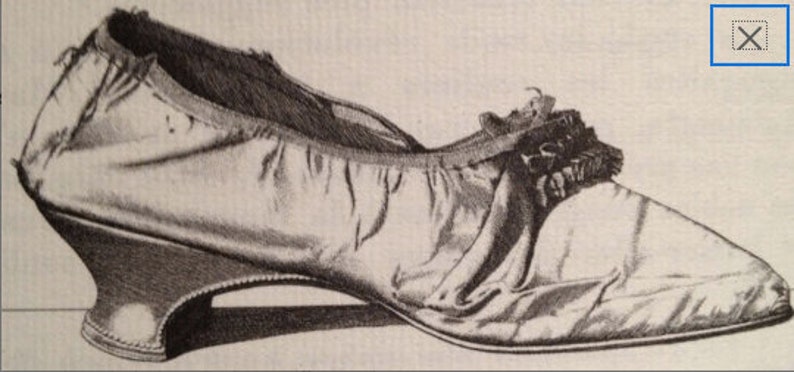 May include: A black and white drawing of a high-heeled shoe with a pointed toe and a tassel detail.